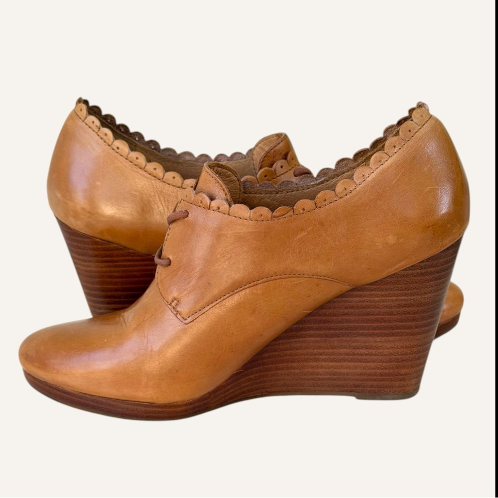 Jack‎ Rogers Olivia Scalloped Wedge Oxford Shoes Cognac Size 8.5 - Picture 5 of 11
